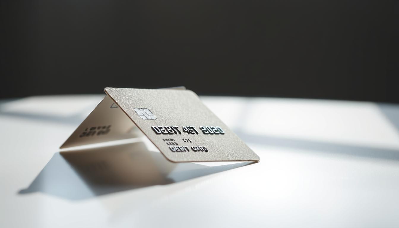 A debit card resting on a reflective surface, casting a faint shadow. The card is positioned at a slight angle, revealing its front and back sides. The lighting is soft and diffused, creating a sense of calm and security. The background is blurred, allowing the card to be the focal point. The composition suggests the importance of carefully considering the risks and precautions when using a debit card for Shein purchases.