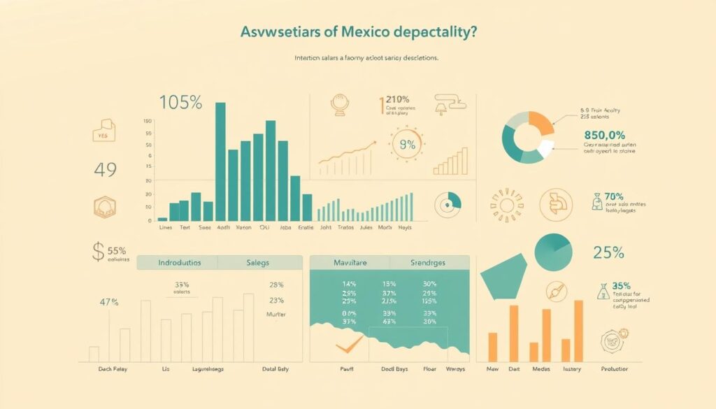 A detailed, data-driven infographic depicting the average salaries across various economic sectors in Mexico. The foreground showcases a clean, modern visualization with bar charts, pie charts, and other data visualization elements that clearly communicate the key salary trends. The middle ground includes subtle iconography and illustrations that represent the different industries. The background features a soft, minimalist gradient in warm tones, creating a professional, analytical atmosphere. The overall composition is balanced, with ample negative space to make the data easy to interpret. The lighting is soft and even, with a slight directional source to add depth. The camera angle is slightly elevated to provide an overview perspective.