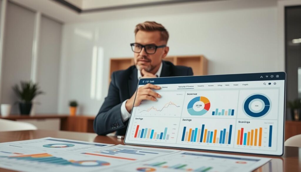 A detailed, meticulously planned personal finance dashboard occupies the foreground, displaying interactive visualizations of income, expenses, savings, and investments. In the middle ground, a thoughtful, bespectacled financial advisor gestures towards the dashboard, offering personalized guidance. The background depicts a serene, modern office setting with clean lines and natural lighting, conveying a sense of professionalism and trust. The overall scene emanates a mood of organization, clarity, and the assurance of a well-managed financial future.