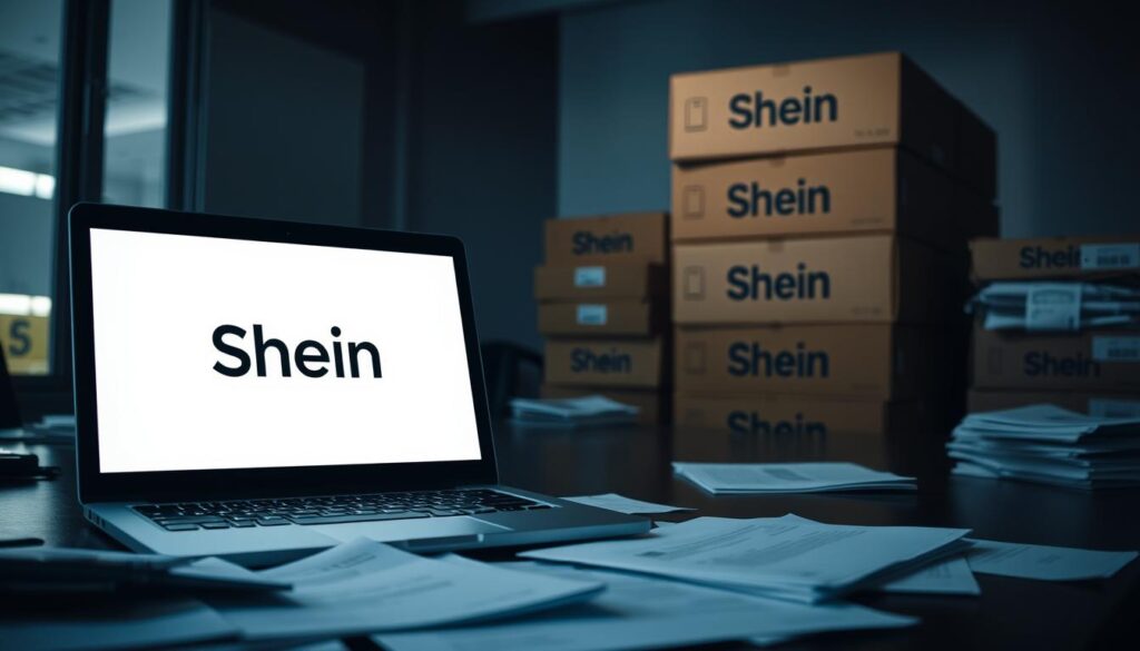 A dimly lit office interior, with a laptop displaying the Shein logo on the screen. The laptop is surrounded by scattered documents and files, suggesting a security breach or privacy concerns. In the background, a towering stack of cardboard boxes labeled "Shein" evokes the company's large-scale operations and potential data storage issues. The lighting is purposefully shadows and muted, creating an atmosphere of unease and uncertainty. The overall composition conveys the sense of Shein's past data incidents and the need for a thorough security audit to protect customer information.