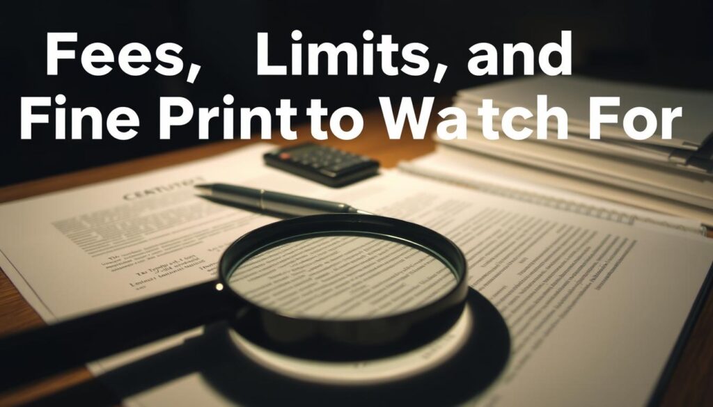 A dimly lit office space with a wooden desk and a stack of documents, the title "Fees, Limits, and Fine Print to Watch For" prominently displayed. The foreground features a magnifying glass hovering over the fine print of a contract, casting intricate shadows. In the middle ground, a pen and calculator sit beside the documents, hinting at the complex financial details. The background is blurred, creating a sense of focus on the legal jargon. The lighting is subtle, casting a warm, contemplative tone, guiding the viewer's attention to the nuanced information.