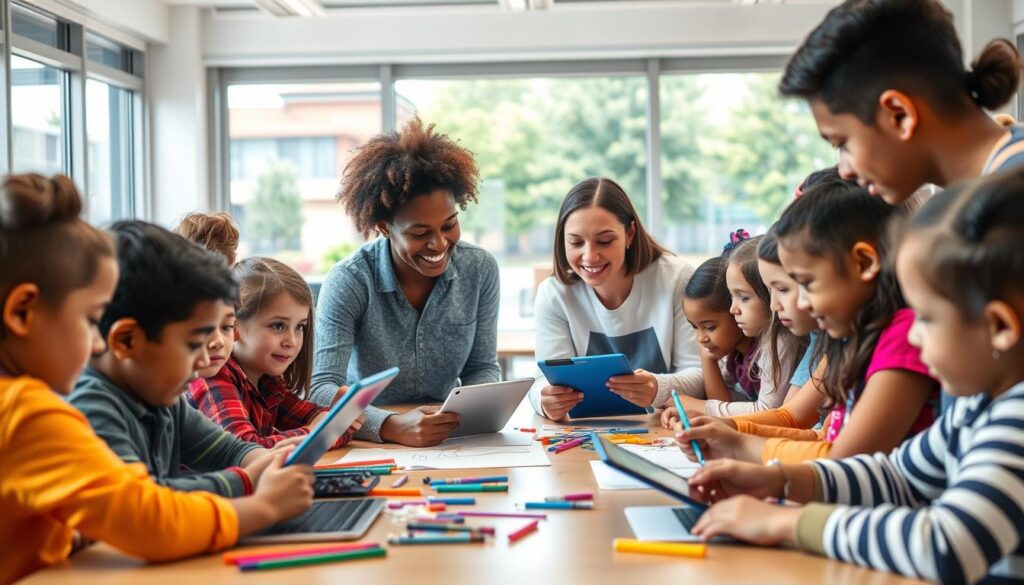 A diverse group of students from different backgrounds engaged in collaborative learning activities within a modern, well-equipped classroom. The foreground features students of various ages, ethnicities, and abilities working together on creative projects using digital tablets and art supplies. The middle ground showcases an inclusive teacher guiding the class, while the background depicts bright, airy windows overlooking a vibrant schoolyard. The scene radiates a sense of equal opportunity, engaged participation, and a nurturing educational environment that celebrates diversity and individual growth.