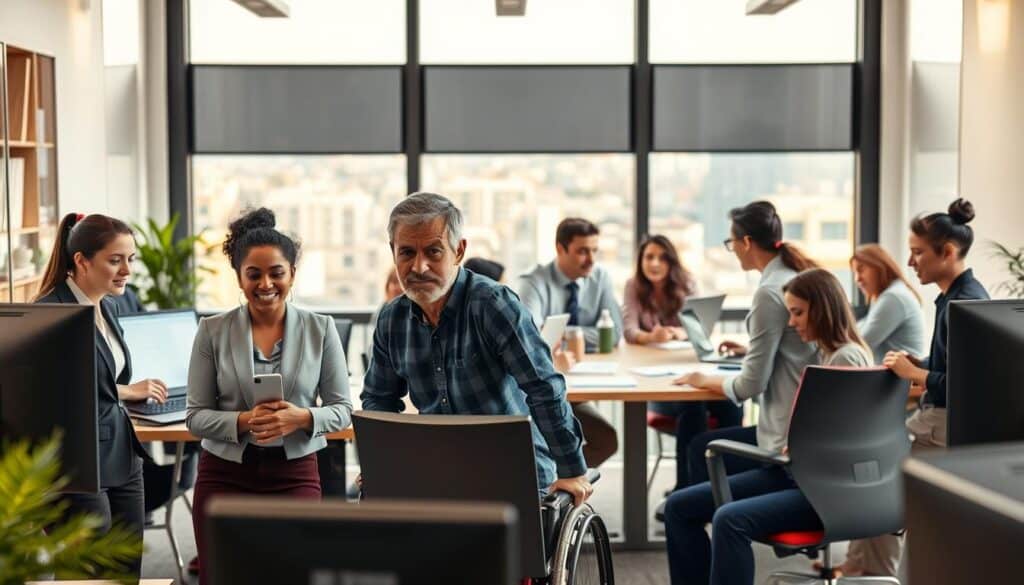 A diverse workforce thriving in a modern office setting. In the foreground, various professionals collaborate at their desks - a young woman in a pantsuit, a middle-aged man in a casual button-down, and a person with a visible disability using an assistive device. In the middle ground, a team meeting takes place around a conference table, with individuals of different ages, genders, and ethnicities engaged in discussion. The background features large windows overlooking a vibrant cityscape, flooding the space with warm, natural light. The atmosphere conveys a sense of productivity, inclusivity, and opportunity, reflecting Mexico's commitment to expanding labor market access for underrepresented groups.
