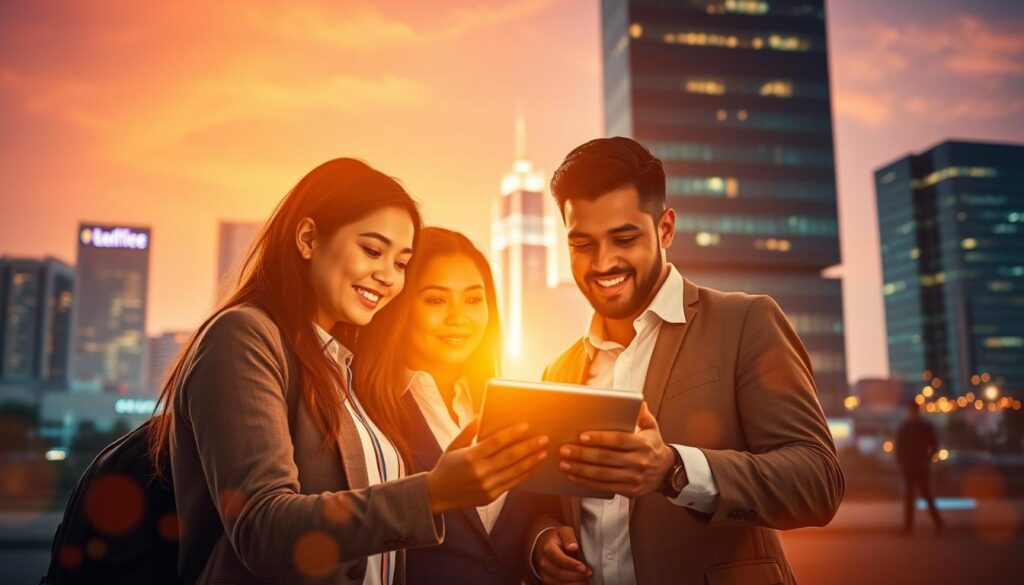 A dynamic fintech startup in Mexico, set against a vibrant urban backdrop. In the foreground, a group of diverse professionals collaborating on a digital tablet, their faces lit by the glow of the screen. In the middle ground, the silhouettes of office buildings and skyscrapers, suggesting the bustling financial center of a modern metropolis. The background is filled with a warm, golden light, creating a sense of optimism and innovation. The scene is captured with a shallow depth of field, drawing the viewer's attention to the collaborative nature of the fintech enterprise. The overall mood is one of energy, technological prowess, and the promise of financial empowerment for small and medium-sized businesses in Mexico.