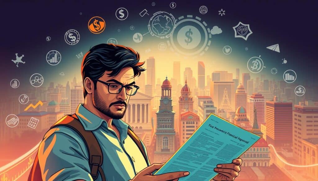 A dynamic, photorealistic illustration depicting the prevention of financial fraud in Mexico. In the foreground, a savvy consumer carefully examines financial documents, their expression conveying vigilance and discernment. In the middle ground, financial symbols and icons symbolize the complex web of transactions and the need for heightened awareness. The background showcases the vibrant, bustling cityscape of Mexico, emphasizing the real-world context in which these financial decisions play out. The scene is illuminated by warm, directional lighting, creating depth and highlighting the details. The overall tone is one of caution, responsibility, and the empowerment of the individual to navigate the financial landscape safely.