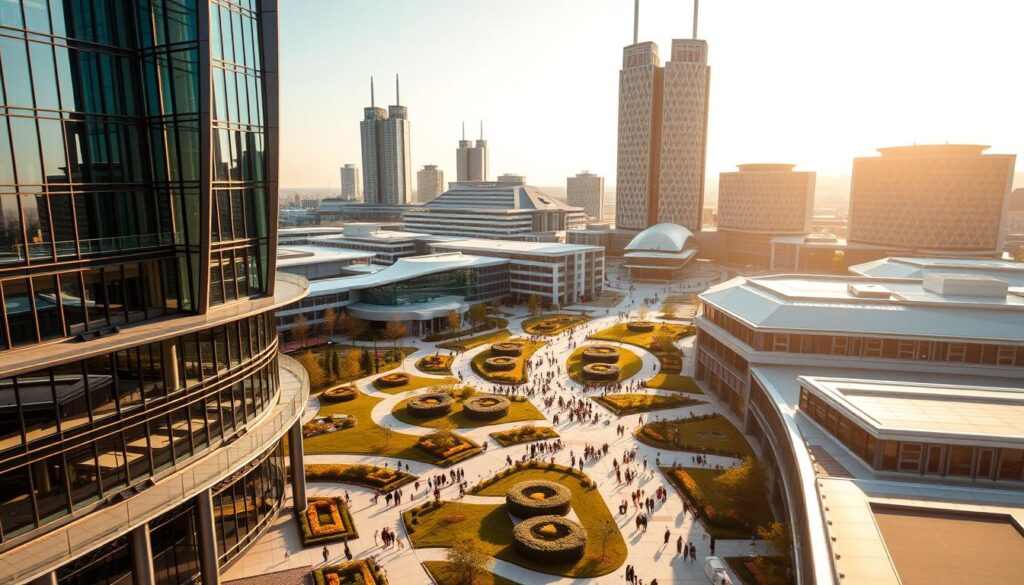 A grand, modern university campus with sprawling infrastructure. In the foreground, a striking modern building with glass facades, sharp angles, and sleek architectural details. The middle ground reveals landscaped courtyards, pathways, and clusters of students moving between classes. In the background, taller academic towers rise up, their facades adorned with intricate patterns and textures. Warm, golden sunlight bathes the scene, creating a sense of vibrancy and productivity. The overall atmosphere conveys a hub of intellectual activity, innovation, and opportunity.