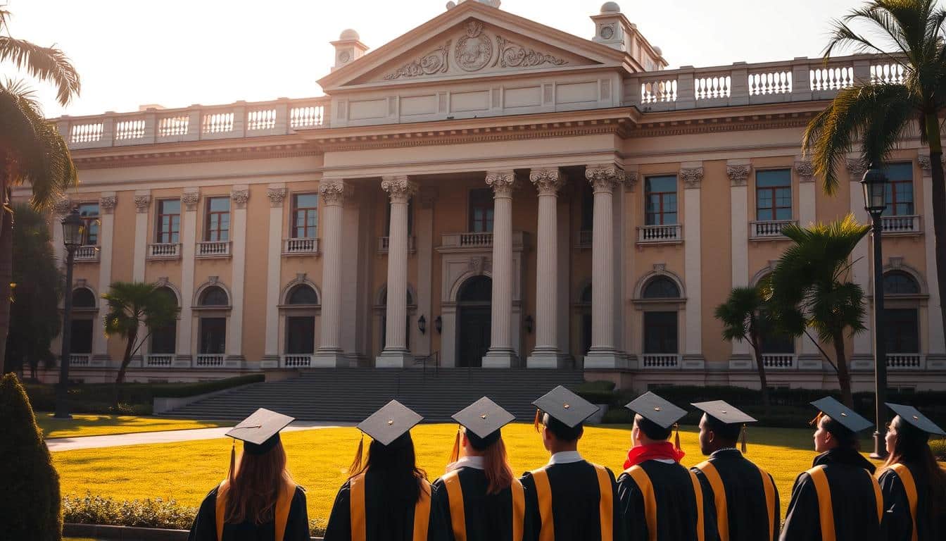 A grand university building with a majestic façade, adorned with ornate columns and intricate architectural details. The structure is bathed in warm, golden light, casting a soft glow across the scene. In the foreground, a group of students in academic regalia stand proudly, their graduation caps and gowns symbolic of their academic achievement. Behind them, a lush, verdant landscape provides a serene backdrop, evoking a sense of tranquility and intellectual contemplation. The composition captures the essence of the Mexican university experience, a testament to the pursuit of knowledge and the pride of academic success.