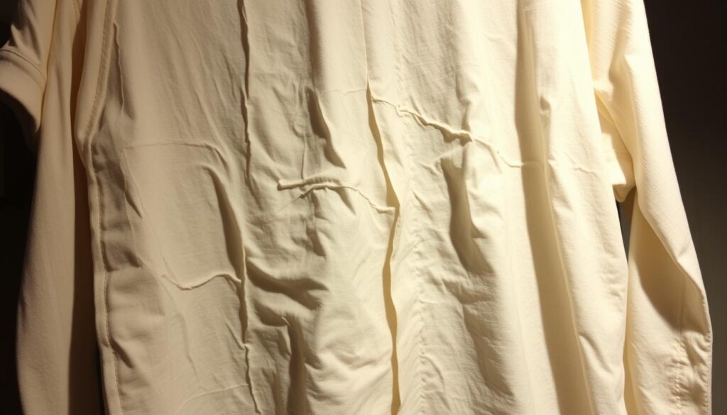 A hastily constructed, cheaply made garment with visible low-quality fabric and shoddy stitching. The material appears thin and flimsy, perhaps synthetic or a low-grade cotton. Creases and puckering can be seen across the surface, suggesting poor construction and a lack of attention to detail. The garment hangs lifelessly, devoid of any shape or structure, reflecting its poor durability. Harsh overhead lighting casts harsh shadows, emphasizing the garment's cheap and disposable nature. The overall impression is one of a mass-produced, fast-fashion item with little regard for quality or longevity. A hastily constructed, cheaply made garment with visible low-quality fabric and shoddy stitching. The material appears thin and flimsy, perhaps synthetic or a low-grade cotton. Creases and puckering can be seen across the surface, suggesting poor construction and a lack of attention to detail. The garment hangs lifelessly, devoid of any shape or structure, reflecting its poor durability. Harsh overhead lighting casts harsh shadows, emphasizing the garment's cheap and disposable nature. The overall impression is one of a mass-produced, fast-fashion item with little regard for quality or longevity.