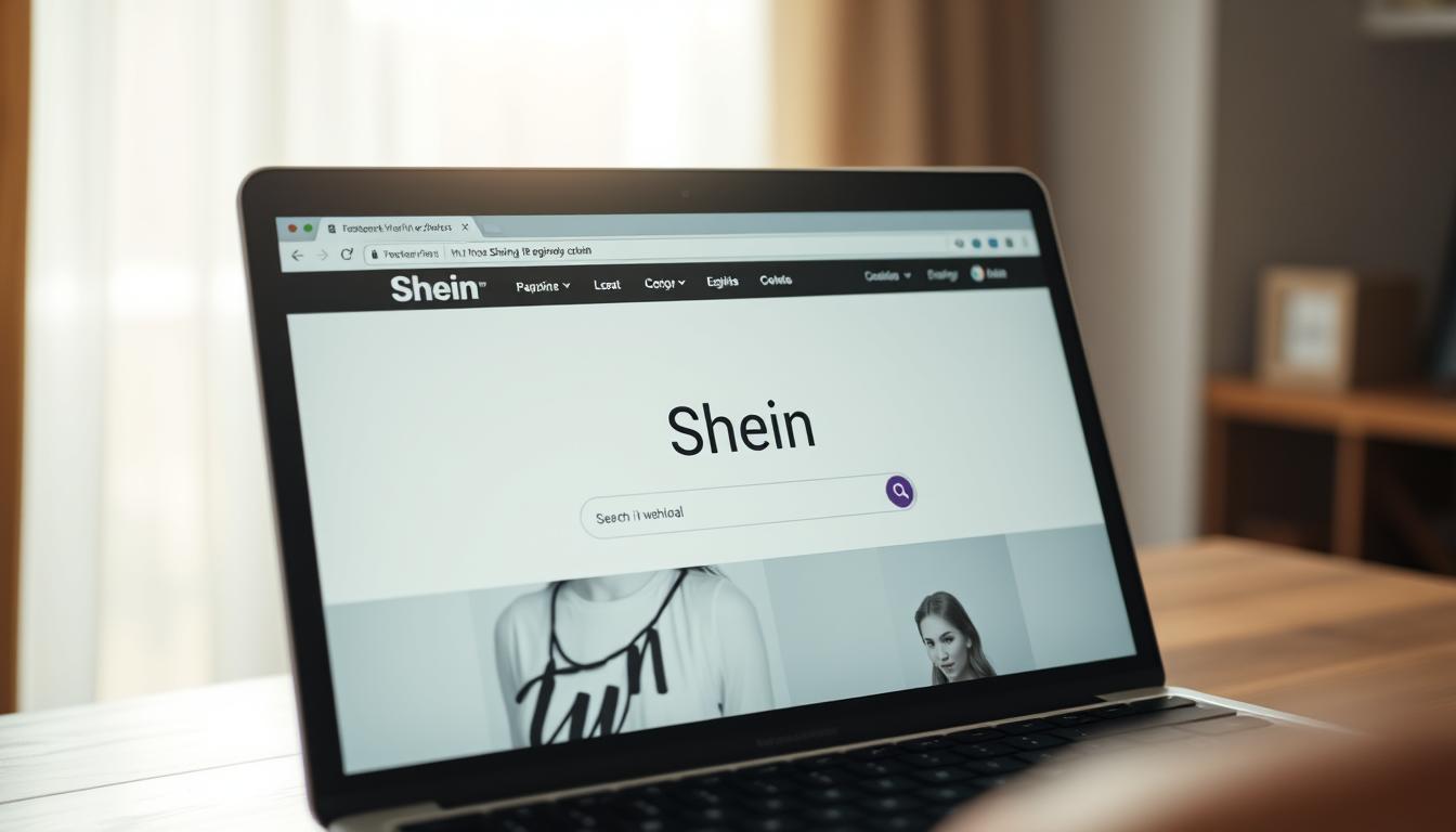 A high-angle shot of a laptop screen displaying the Shein website, illuminated by soft natural lighting streaming in through a window. On the screen, the Shein logo stands out against a clean, minimalist layout. The viewer's gaze is drawn to a prominent search bar, hinting at the user's intent to research the brand's trustworthiness. The background is blurred, creating a sense of focus and introspection, as if the viewer is deeply contemplating the decision to engage with Shein. The overall mood is one of thoughtfulness and cautious exploration, reflecting the article's subject matter.