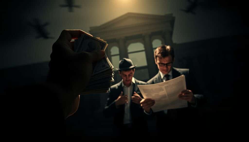 A high-contrast, cinematic illustration of the risks and considerations surrounding quick loans. In the foreground, a hand reaches for a stack of cash, casting a long, ominous shadow. In the middle ground, a person anxiously reviews loan documents, brow furrowed. In the background, a looming, imposing financial institution casts an oppressive atmosphere. The scene is bathed in dramatic chiaroscuro lighting, with strong highlights and shadows, creating a sense of tension and unease. The overall mood is one of cautious trepidation, inviting the viewer to consider the potential pitfalls of hastily-acquired credit.