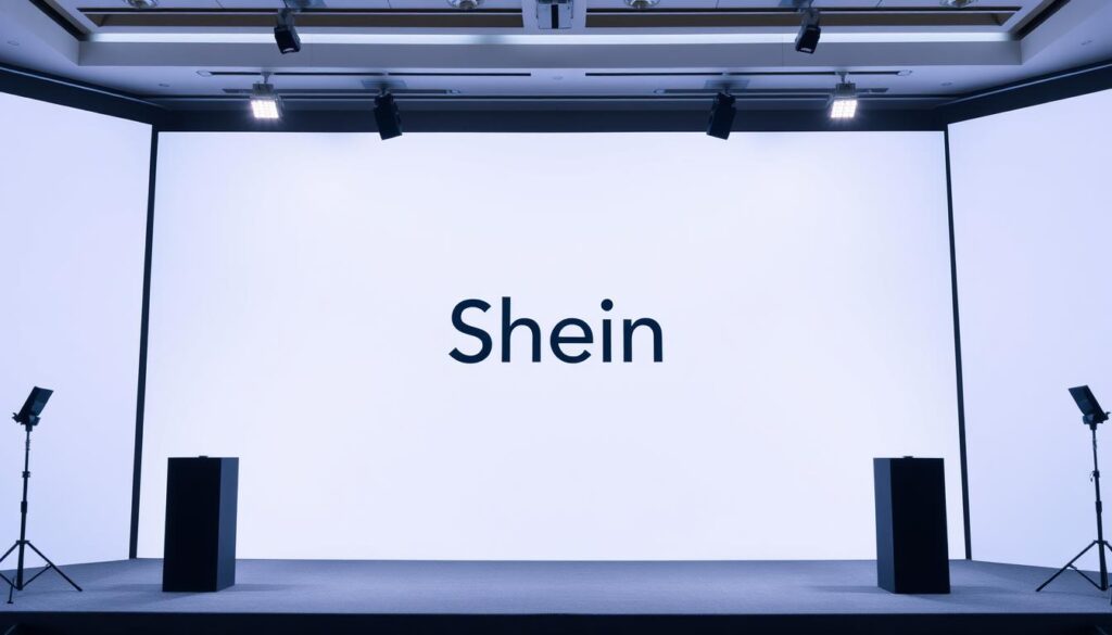 A high-quality press conference backdrop with a minimalist Shein logo prominently displayed in the center. The lighting is crisp and professional, creating a sense of authority and transparency. The scene is captured from a slightly elevated angle, giving the image a polished, studio-like feel. The overall atmosphere conveys a serious, official tone befitting a major corporate announcement. The background is clean and uncluttered, allowing the Shein branding to be the focal point and commanding the viewer's attention. A high-quality press conference backdrop with a minimalist Shein logo prominently displayed in the center. The lighting is crisp and professional, creating a sense of authority and transparency. The scene is captured from a slightly elevated angle, giving the image a polished, studio-like feel. The overall atmosphere conveys a serious, official tone befitting a major corporate announcement. The background is clean and uncluttered, allowing the Shein branding to be the focal point and commanding the viewer's attention.