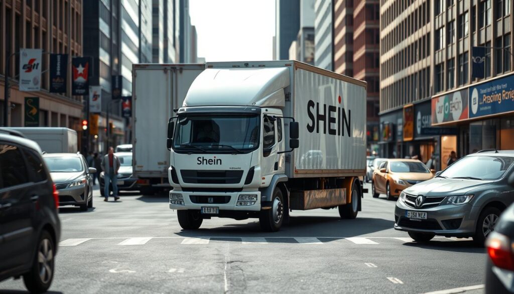 A large white delivery truck prominently displays the Shein logo as it navigates a bustling urban street. The truck is navigating through traffic, surrounded by other vehicles and pedestrians going about their day. The scene is captured from a street-level perspective, giving a sense of scale and the truck's presence on the road. The lighting is natural, with a soft, even glow illuminating the details of the truck and the cityscape in the background. The composition places the truck in the center, with the surrounding environment providing context and a sense of the delivery's destination. The overall mood is one of efficiency and reliability, hinting at the dependable shipping experience the Shein brand aims to provide its customers.