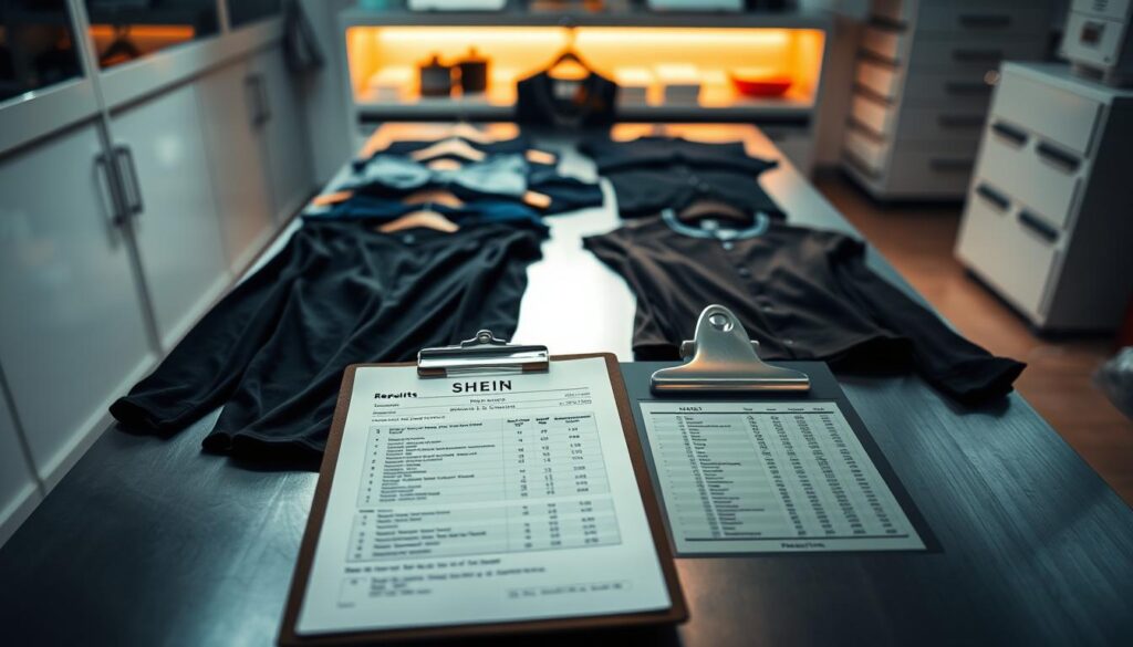 A meticulously detailed laboratory setting, featuring several Shein clothing items arranged neatly on a stainless steel examination table. The items are bathed in the warm glow of task lighting, casting subtle shadows that add depth and dimension. In the foreground, a clipboard displays a series of technical reports, their pages filled with data and analytical findings. The background is blurred, drawing the viewer's focus to the central subject matter - the Shein products and their associated test results. The overall atmosphere is one of clinical precision and scientific scrutiny, conveying a sense of objective, unbiased evaluation. A meticulously detailed laboratory setting, featuring several Shein clothing items arranged neatly on a stainless steel examination table. The items are bathed in the warm glow of task lighting, casting subtle shadows that add depth and dimension. In the foreground, a clipboard displays a series of technical reports, their pages filled with data and analytical findings. The background is blurred, drawing the viewer's focus to the central subject matter - the Shein products and their associated test results. The overall atmosphere is one of clinical precision and scientific scrutiny, conveying a sense of objective, unbiased evaluation.