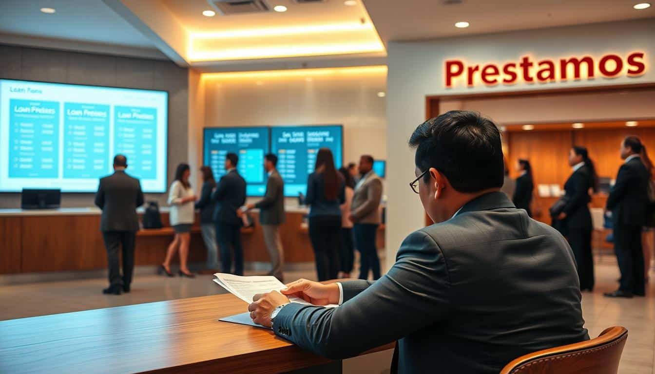 A modern Mexican bank interior with warm lighting and clean design. In the foreground, a person in a suit sits at a wooden desk, contemplating loan documents. Behind them, a digital display showcases loan application information and interest rates. The middle ground features a queue of customers, dressed professionally, waiting to speak with bank representatives. The background depicts the bank's facade, with large windows and a prominent sign reading "Préstamos". The overall atmosphere conveys a sense of efficiency, trust, and customer-focused service, reflecting the ease of obtaining a loan in Mexico.