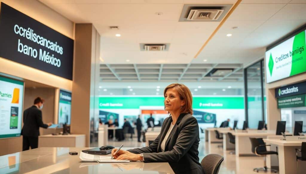 A modern bank branch interior with warm lighting and a clean, professional atmosphere. In the foreground, a middle-aged businesswoman in a suit sits at a desk, discussing financing options with a bank representative. On the walls, signage highlights "Créditos bancarios PYMES México" and other small business banking services. The background features rows of teller stations and customer waiting areas, conveying the sense of a bustling, yet organized financial institution. The overall tone is one of trust, expertise, and accessible support for growing Mexican businesses.