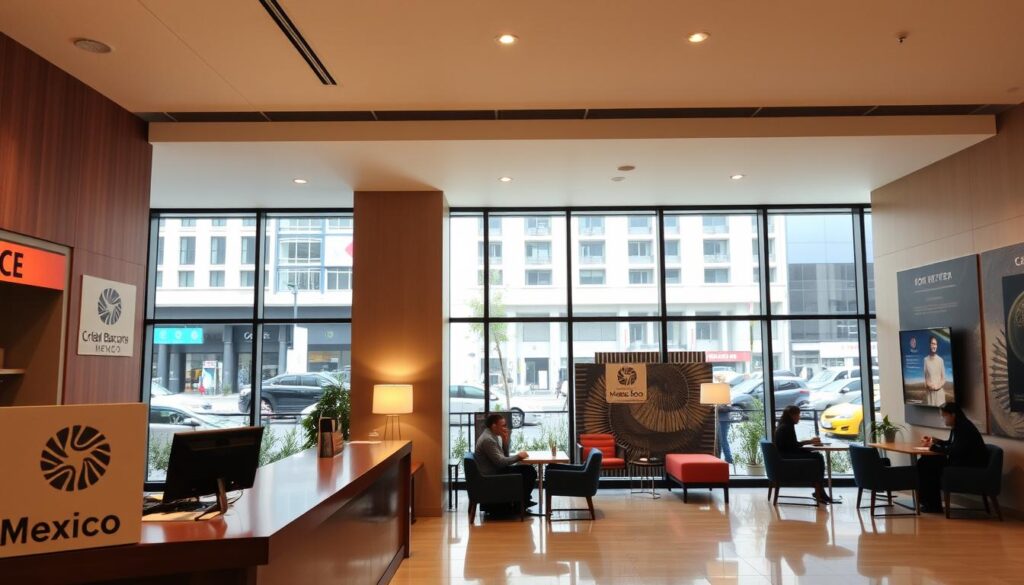 A modern banking office interior with a warm, professional atmosphere. In the foreground, a teller's counter with a stylized logo and signage for "Créditos Bancarios México". Behind it, large floor-to-ceiling windows offer a view of the bustling city streets outside. The middle ground features comfortable seating areas where customers consult with bank representatives. Subtle lighting fixtures and a neutral color palette create a calm, reassuring ambiance. The background showcases the bank's branding through tasteful wall art and decorative elements. The overall scene conveys a sense of trustworthiness, efficiency and customer-centric service.