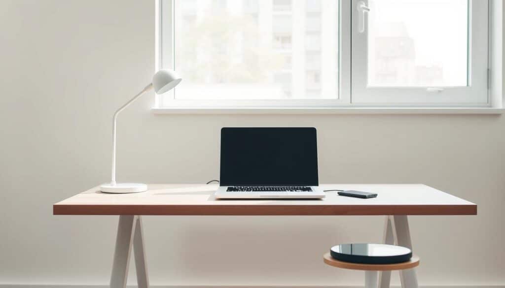 A modern, minimalist home office with sleek, cost-effective tech accessories. A simple, clean-lined desk with a compact laptop, a stylish yet affordable lamp, and a wireless charging pad on a minimalist wooden surface. Soft, even lighting from a large window illuminates the space, casting gentle shadows. In the background, a plain white wall accentuates the practical, budget-friendly nature of the setup. The overall atmosphere exudes efficiency, functionality, and a sense of achieving more with less, reflecting the thrifty, technology-driven solutions highlighted in the article.