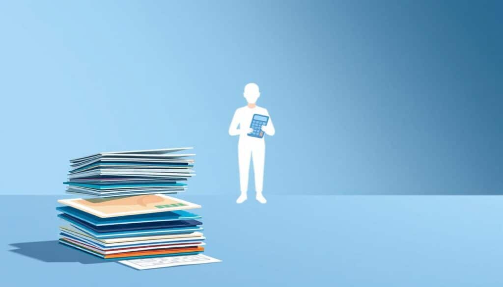 A modern, minimalist illustration depicting the consolidation of debts. In the foreground, a stack of credit cards and financial documents, representing the various debts to be consolidated. In the middle ground, a calm, serene figure holding a calculator, symbolizing the optimization of payments. The background is a gradient of soothing blues and grays, conveying a sense of financial stability and control. Soft, directional lighting illuminates the scene, creating a sense of balance and clarity. The composition is clean and well-organized, reflecting the efficient management of personal finances.