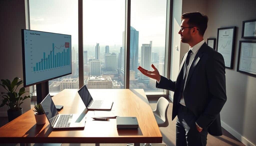 A modern, minimalist office interior with a large window overlooking a vibrant cityscape. Sunlight streams through, illuminating a stylish wooden desk with a laptop, pen, and paperwork. On the desk, a sleek calculator and a small succulent plant add touches of greenery. In the foreground, a businessperson in a tailored suit stands, gesturing towards a presentation screen showcasing graphs and financial data. The walls are adorned with framed financial charts and certificates, conveying a sense of expertise and professionalism. The overall atmosphere exudes efficiency, organization, and a focus on optimizing financial strategies.