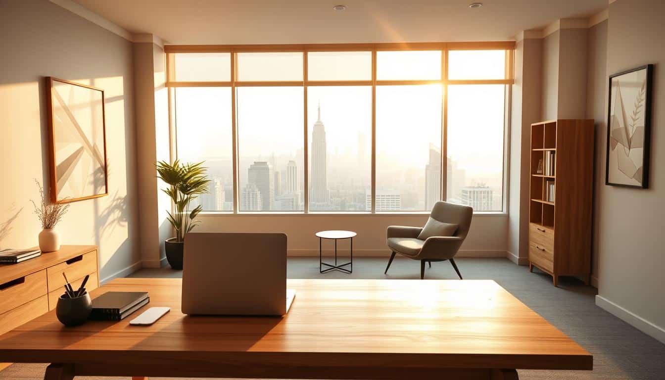 A modern, minimalist office interior with clean lines and a warm, natural color palette. In the foreground, a wooden desk with a sleek laptop and a few simple office supplies. Above the desk, a large window overlooks a bustling city skyline, bathed in soft, golden natural light. In the middle ground, a comfortable armchair and a small side table, creating a cozy seating area. The background features neutral-toned walls, accented with subtle, geometric artwork. The overall atmosphere conveys a sense of professionalism, efficiency, and approachability - the perfect setting to showcase "préstamos sin aval" services.