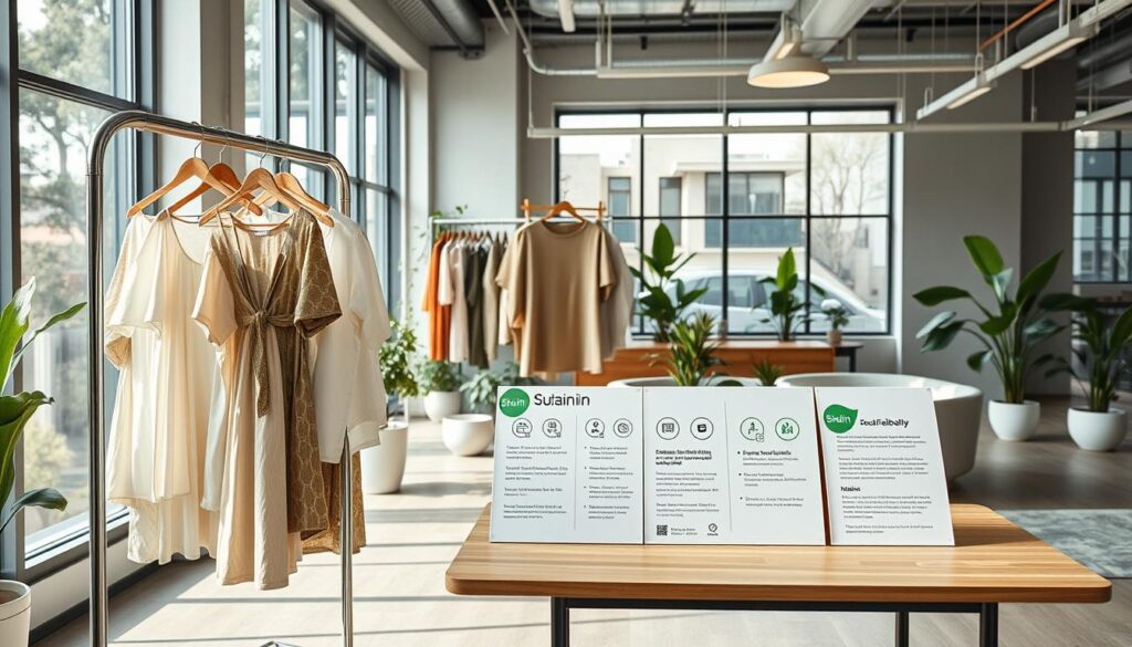 A modern, minimalist office interior with large windows and natural light. In the foreground, a sustainable clothing rack displays eco-friendly Shein apparel made from organic, recycled, or biodegradable materials. Midground showcases a table with informational displays about Shein's sustainability initiatives, including certifications and materials used. The background features potted plants, energy-efficient lighting, and sleek, modern furniture, conveying a sense of environmental consciousness and corporate responsibility.