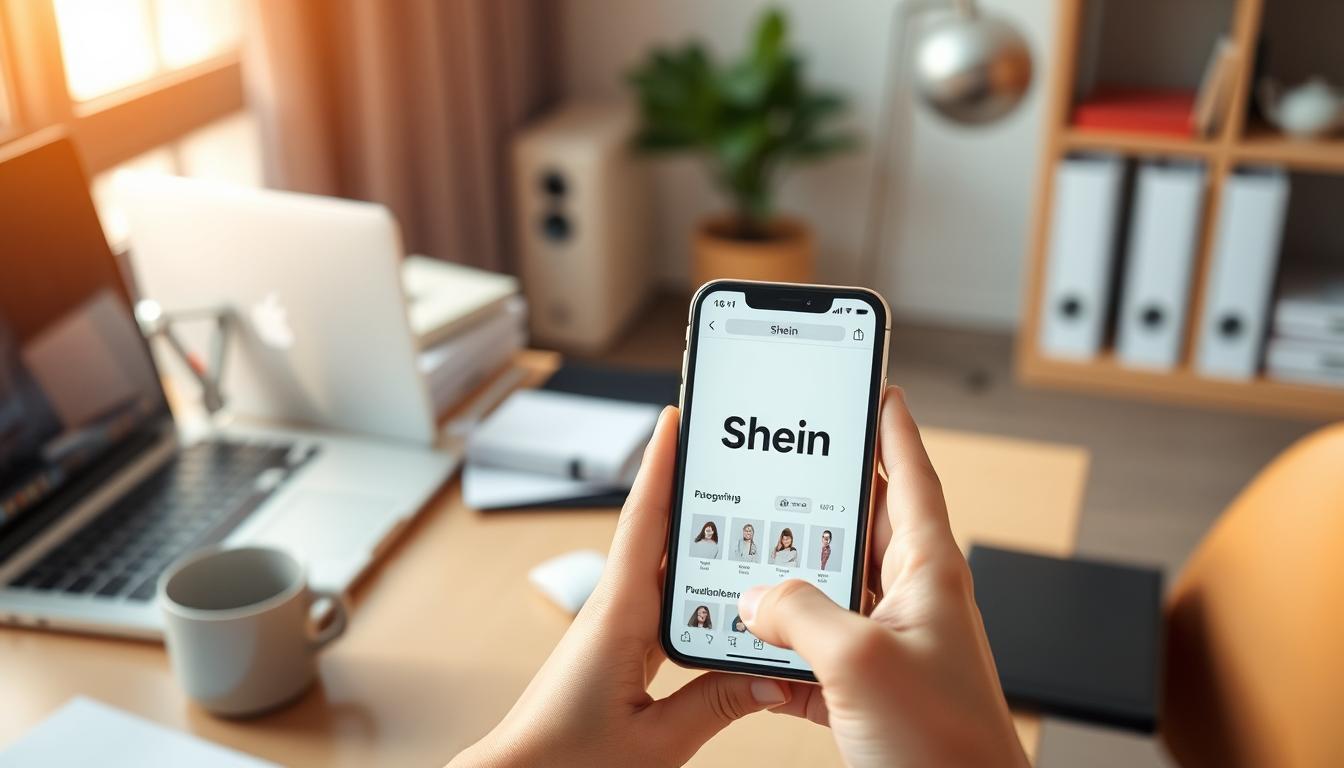 A modern office setting with a desk, laptop, and various office supplies. In the foreground, a pair of hands are holding a mobile phone, showcasing the Shein app interface. The background is softly blurred, emphasizing the focus on the phone screen. Warm, natural lighting casts a subtle glow, creating an atmosphere of professionalism and trustworthiness. The overall scene conveys a sense of researching and evaluating the reliability of the Shein platform, reflecting the article's subject matter.