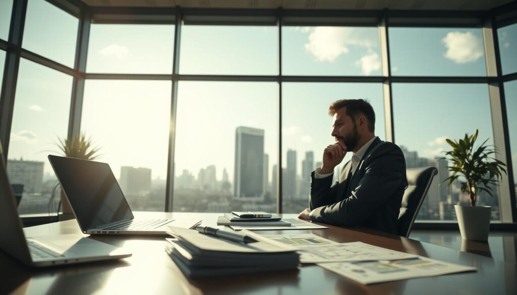A modern office space, with an abundance of natural light flooding in through large windows. In the foreground, a desk with a laptop, pen, and a stack of financial documents, symbolizing the business activities. In the middle ground, a businessperson sitting at the desk, deep in thought, contemplating revenue-based financing options. The background features a city skyline, hinting at the broader commercial context. The overall mood is one of careful consideration and strategic planning, with a touch of optimism for the future growth of the enterprise.