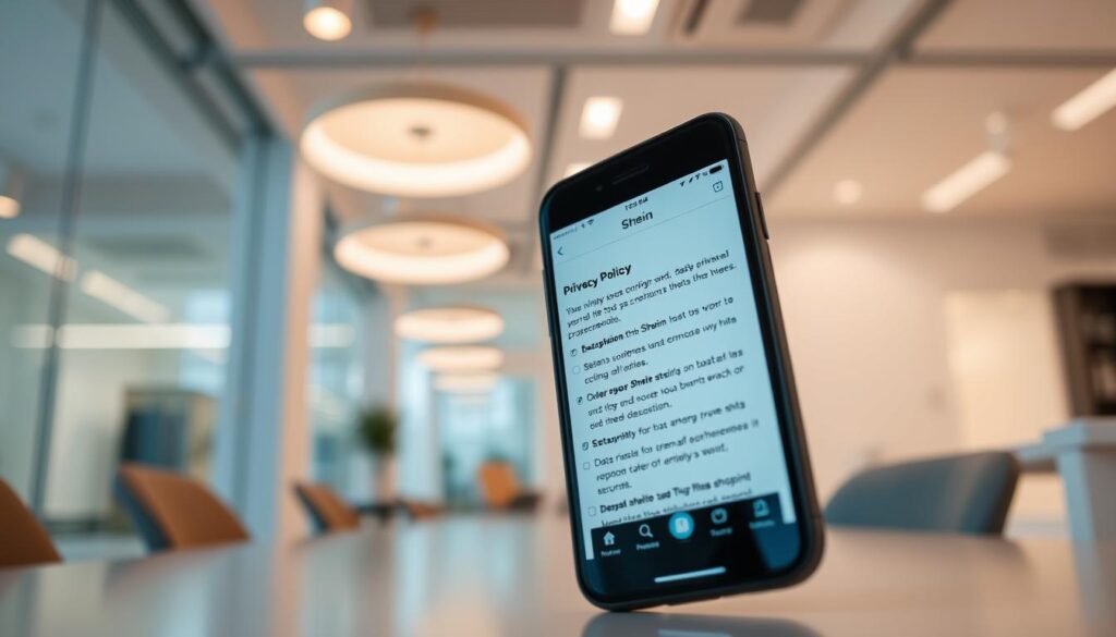 A modern smartphone screen displaying the Shein app's privacy policy, set against a backdrop of a sleek, minimalist office interior. The app interface showcases various data privacy and security settings, with icons and menus clearly visible. Soft, directional lighting illuminates the scene, creating a sense of professionalism and trustworthiness. The angle is slightly tilted, allowing the viewer to engage with the details of the app's privacy features. The overall mood conveys a cautious yet informative tone, inviting the audience to consider the implications of personal data protection within the Shein shopping experience.