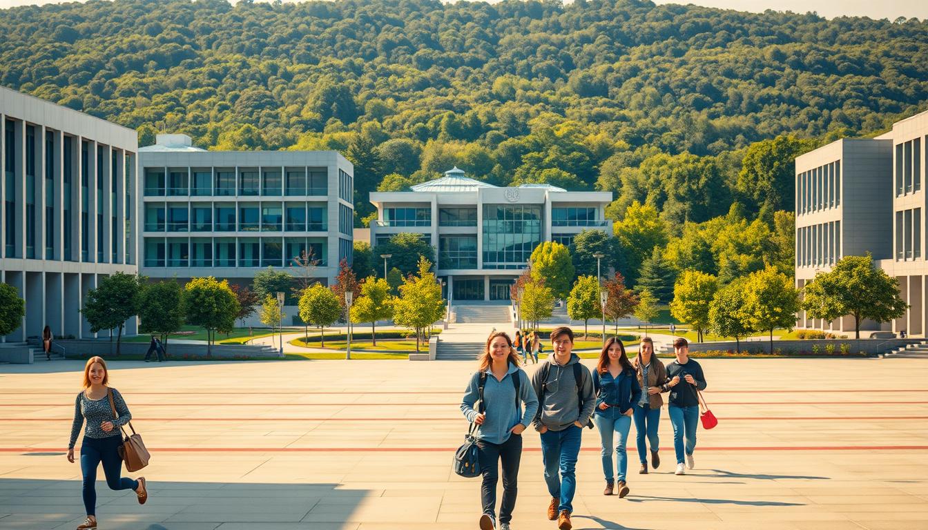 A modern university campus with an expansive layout and contemporary architectural design. The foreground features a group of students walking across a vast, open plaza, their expressions conveying a sense of intellectual curiosity and academic focus. In the middle ground, several multi-story buildings with clean lines, large windows, and prominently displayed university insignia stand tall, symbolizing the institution's prestige and academic rigor. The background is dominated by a vibrant, lush landscape of trees and carefully manicured greenery, creating a serene and contemplative atmosphere conducive to scholarly pursuits. Warm, diffused lighting illuminates the scene, evoking a feeling of warmth, productivity, and the pursuit of higher knowledge.