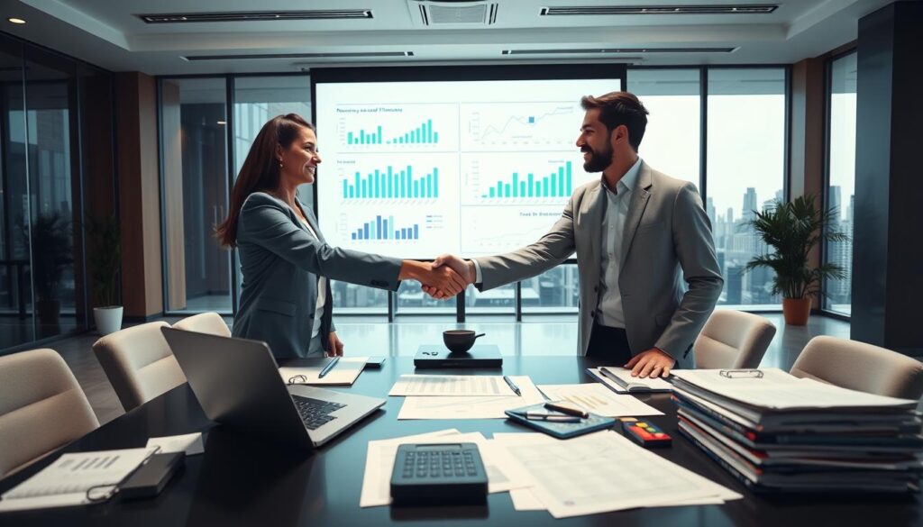 A modern, well-lit office space with a large desk showcasing a laptop, calculator, and various financial documents. In the foreground, two business professionals shake hands, representing the collaboration between revenue-based financing and credit card strategies. The middle ground features a projection screen displaying charts, graphs, and financial data, illuminating the synergies between the two financing methods. The background subtly depicts the city skyline, suggesting the broader economic context. The overall atmosphere conveys a sense of professionalism, innovation, and forward-thinking in the world of business financing.