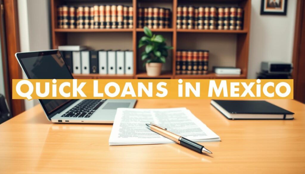 A neatly organized office desk with a laptop, a stack of documents, and a pen resting on top. The desktop is clean and well-lit, with a warm, inviting atmosphere. In the background, a bookshelf filled with legal tomes and a potted plant add a touch of professionalism. The overall scene conveys a sense of efficiency and attention to detail, perfectly reflecting the requirements and documentation needed for obtaining quick loans in Mexico.