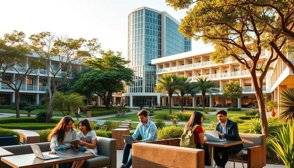 A picturesque university campus in Mexico, with modern architecture and lush greenery. In the foreground, a group of graduate students engaged in lively discussions, exchanging ideas and collaborating over laptops and textbooks. The middle ground features well-equipped study areas, with cozy seating and ample lighting. In the background, a towering library building with expansive windows, symbolizing the wealth of knowledge and resources available to postgraduate scholars. The scene is bathed in warm, golden light, conveying a sense of productivity, intellectual stimulation, and an atmosphere conducive to academic success.
