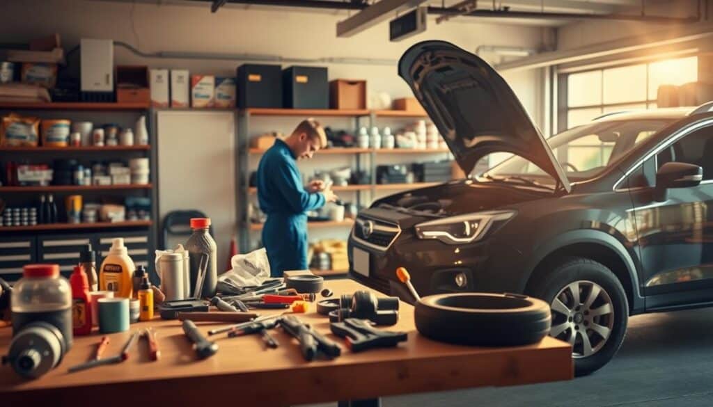A pristine garage interior bathed in warm, golden light, with a neatly organized workbench in the foreground showcasing various tools and supplies for home and automotive maintenance. In the middle ground, a person in a blue jumpsuit performs a routine checkup on a well-maintained vehicle, concentrating intently on their task. The background features shelves stocked with labeled parts and supplies, conveying a sense of preparedness and efficiency. The overall scene exudes a feeling of proactive care and cost-saving measures, perfectly aligned with the article's theme of "Mantenimiento preventivo para reducir costos".