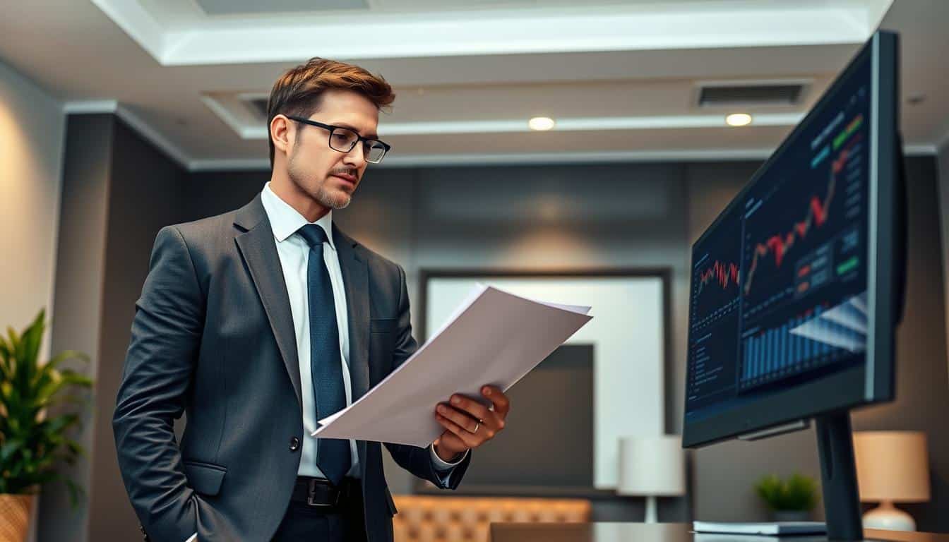 A professional financial advisor stands in a modern, well-lit office, dressed in a sharp suit and tie. Their expression is one of focused concentration as they review documents and financial data on a sleek, high-resolution computer monitor. The background features tasteful, minimalist decor, with clean lines and a neutral color palette that evokes a sense of order and professionalism. Warm, directional lighting casts subtle shadows, emphasizing the advisor's confidence and expertise. The scene conveys an atmosphere of trust, competence, and the promise of sound financial guidance.