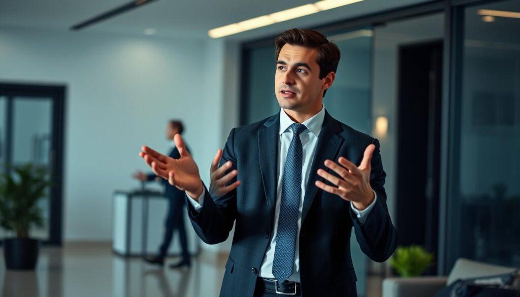 A professional networking executive standing confidently in a sleek, modern office setting. The individual is dressed in a well-tailored business suit, exuding an air of authority and expertise. They are engaged in a focused discussion, gesturing with their hands to emphasize key points. The lighting is soft and directional, creating subtle shadows that accentuate the executive's features. The background features a minimalist, contemporary decor with clean lines and neutral tones, allowing the subject to take center stage. The overall atmosphere conveys a sense of sophistication, productivity, and the importance of effective networking in the pursuit of professional advancement.