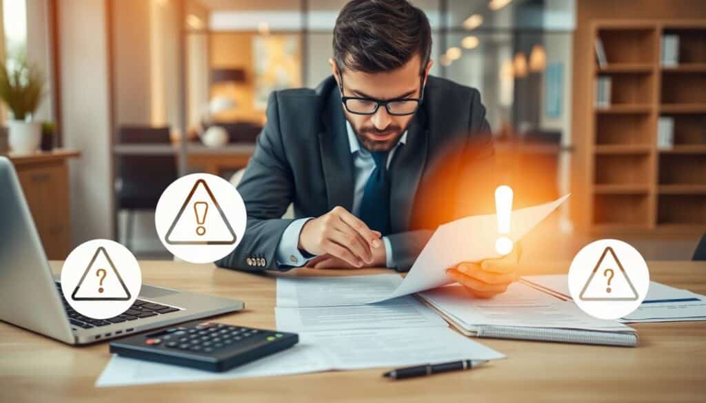A secure loan application process with a vigilant businessman examining documents and warning icons, set against a backdrop of a modern office with a laptop, calculator, and legal papers. The scene conveys a sense of caution and diligence in preventing fraudulent lending practices, with warm lighting and a clean, professional atmosphere.