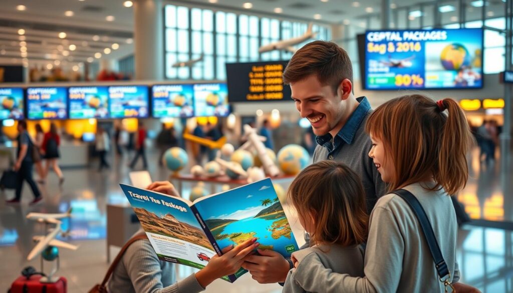 A serene airport terminal with natural light streaming through large windows, showcasing an array of travel package offers displayed on digital screens. In the foreground, a family excitedly examining a travel brochure, their faces lit by the warm glow of the display. The middle ground features a variety of travel-themed decor, such as model airplanes and globes, creating an atmosphere of anticipation and adventure. The background comprises a blurred view of people moving through the terminal, evoking a sense of international connectivity. The overall scene conveys a mood of opportunity and discovery, inviting the viewer to explore the enticing travel packages on offer.