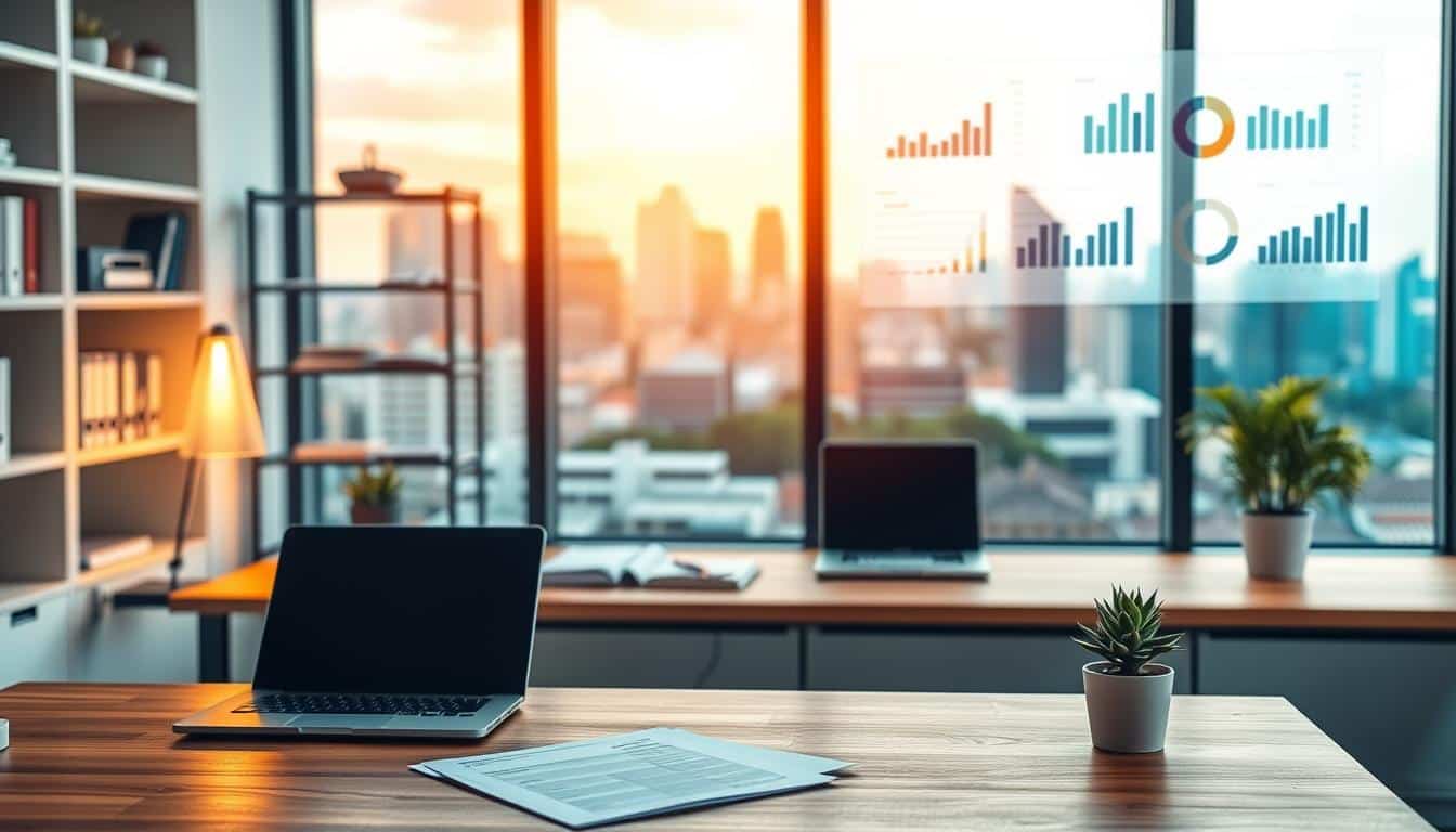 A serene and modern office setting, with a large window overlooking a vibrant city skyline. In the foreground, a wooden desk features a laptop, papers, and a small succulent plant, symbolizing the growth and potential of small businesses. The middle ground showcases a well-organized workspace, with shelves displaying accounting books and financial documents. Soft, warm lighting illuminates the scene, creating a professional and productive atmosphere. In the background, a wall-mounted display showcases various financial charts and graphs, representing the data-driven nature of small business financing. The overall scene conveys the concept of "Financiamiento PYMES: Opciones en México 202" - a visually compelling and informative illustration of the financial options available to small and medium-sized enterprises in Mexico.