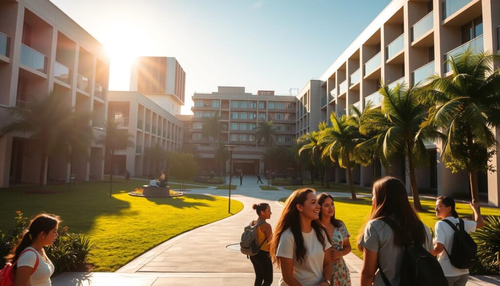 A serene campus courtyard in Mexico, bathed in warm afternoon sunlight. In the foreground, a group of students engage in lively conversation, their faces conveying a sense of security and camaraderie. In the middle ground, a well-lit pathway winds through lush greenery, inviting exploration. In the background, modern university buildings stand tall, their architectural design reflecting a commitment to safety and accessibility. The atmosphere is one of tranquility and academic focus, with subtle undertones of vigilance and care for the wellbeing of the community.