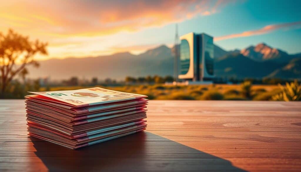 A serene landscape showcasing the financial resources of Mexico. In the foreground, a stack of Mexican pesos bills illuminated by warm, golden lighting, casting soft shadows on a polished wooden surface. In the middle ground, a sleek, modern office building with clean lines and reflective glass panels, symbolizing the country's financial infrastructure. In the background, a majestic mountain range bathed in the vibrant colors of the sunset, representing the natural wealth and resources of Mexico. The overall scene conveys a sense of stability, prosperity, and the harmonious blend of traditional and contemporary financial elements.