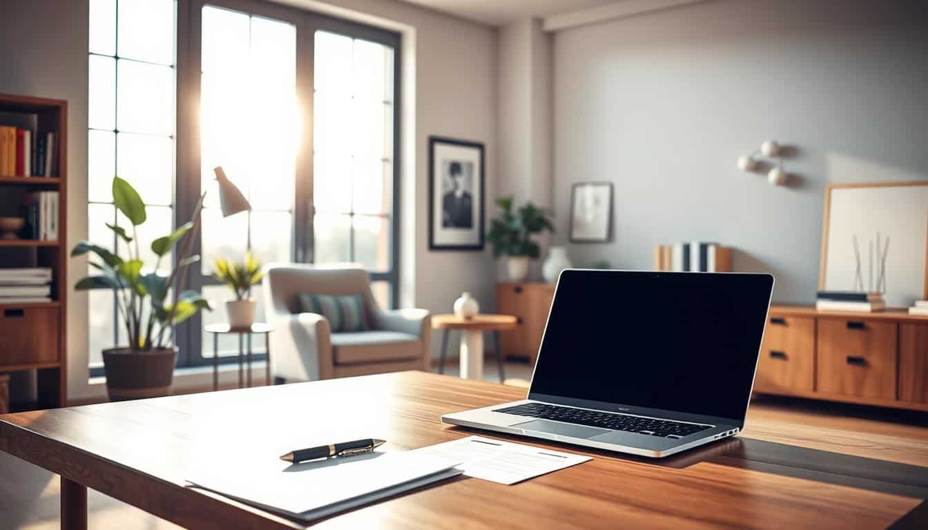A serene, modern office space with abundant natural light streaming in through large windows. In the foreground, a stylish desk showcases a sleek laptop, a pen, and a few personal finance documents. In the middle ground, a cozy armchair and side table create a welcoming atmosphere, while a potted plant and framed artwork add a touch of sophistication. The background features bookshelves filled with finance-related books and a subtle, minimalist wall decor that evokes a sense of professionalism and financial expertise. The overall scene conveys a sense of organized, thoughtful personal financial management.
