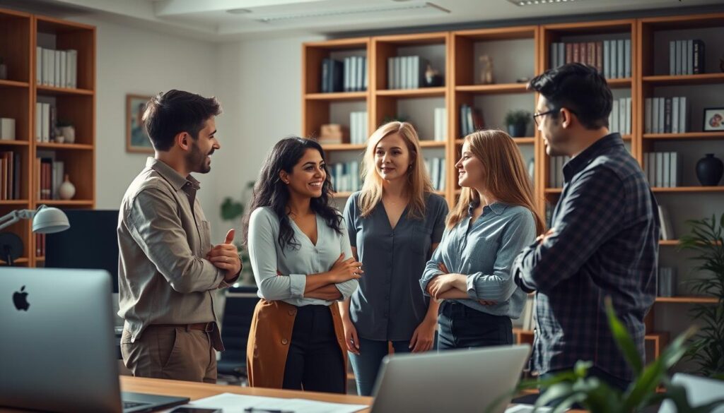 A serene office setting with a desk, chair, and bookshelves in the background. In the foreground, a group of people engaged in a lively discussion, their body language and facial expressions conveying collaboration, active listening, and problem-solving. Soft, natural lighting illuminates the scene, creating a warm and inviting atmosphere. The people represent a diverse team, showcasing the power of interpersonal skills, emotional intelligence, and effective communication - the essence of "soft skills" that are crucial for professional success.