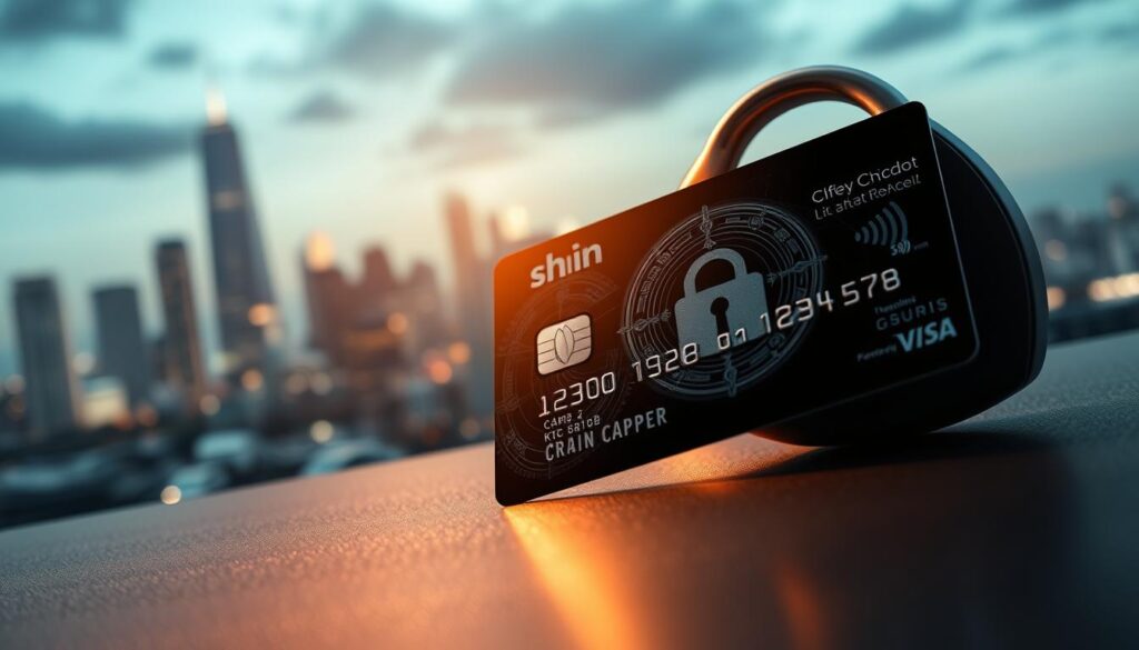 A sleek and secure credit card with intricate patterns and symbols, resting on a dark, glossy surface. The card is illuminated by a soft, warm light, casting subtle shadows that accentuate its features. In the background, a blurred cityscape with towering skyscrapers and a night sky, symbolizing the digital landscape in which online transactions take place. The overall composition conveys a sense of trust, protection, and the importance of safeguarding financial information when making purchases on platforms like Shein.