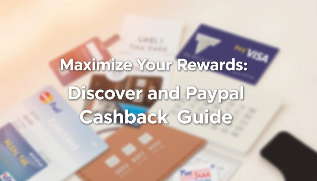 A sleek, minimalist image showcasing "Maximize Your Rewards: Discover and PayPal Cashback Guide" against a soft, blurred background. The title text appears in a clean, bold typeface, centered and slightly elevated, casting a subtle shadow. Behind it, a collage of credit cards, transaction receipts, and digital wallets subtly conveys the financial theme. Warm, diffused lighting from the top left creates a sense of depth and highlights the key elements. The overall composition is balanced, drawing the viewer's eye to the central title while suggesting the broader context of personal finance and rewards programs.
