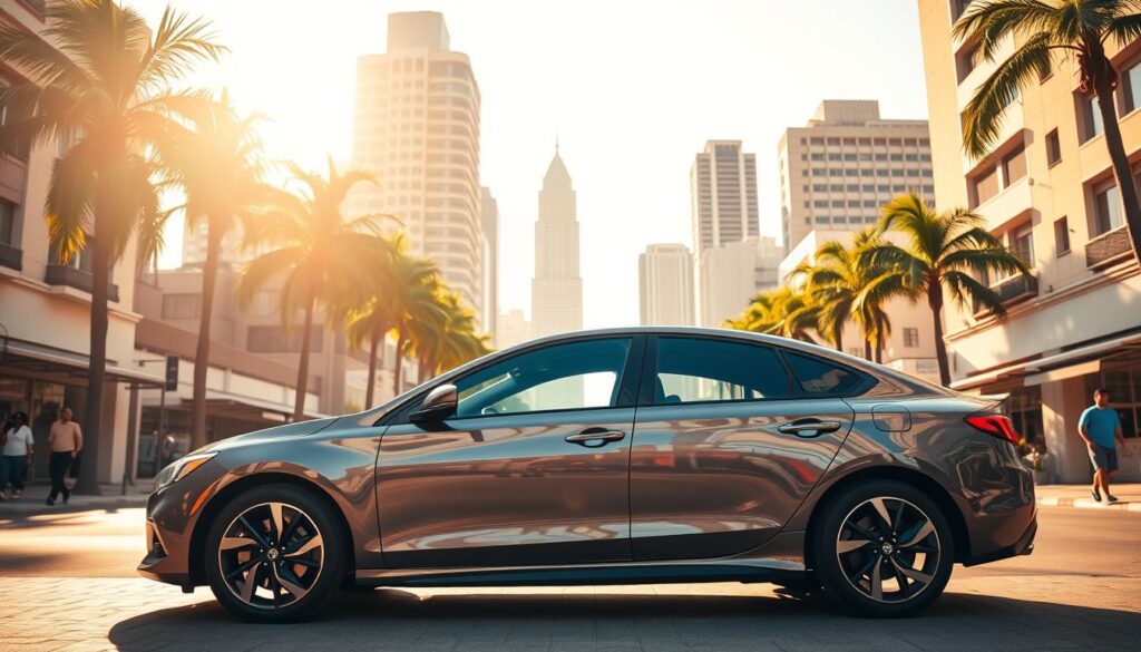 A sleek, modern car parked in a sunny, urban Mexican street. The vehicle is the centerpiece, showcasing its vibrant color and clean lines. In the background, towering skyscrapers and palm trees create a dynamic city skyline. Pedestrians and small shops line the sidewalks, adding a lively, authentic atmosphere. Warm, golden lighting casts long shadows, conveying a sense of prosperity and opportunity. The scene evokes the aspirations and accessibility of personal vehicle financing in Mexico, reflecting the section's focus on auto loans and durable goods financing.