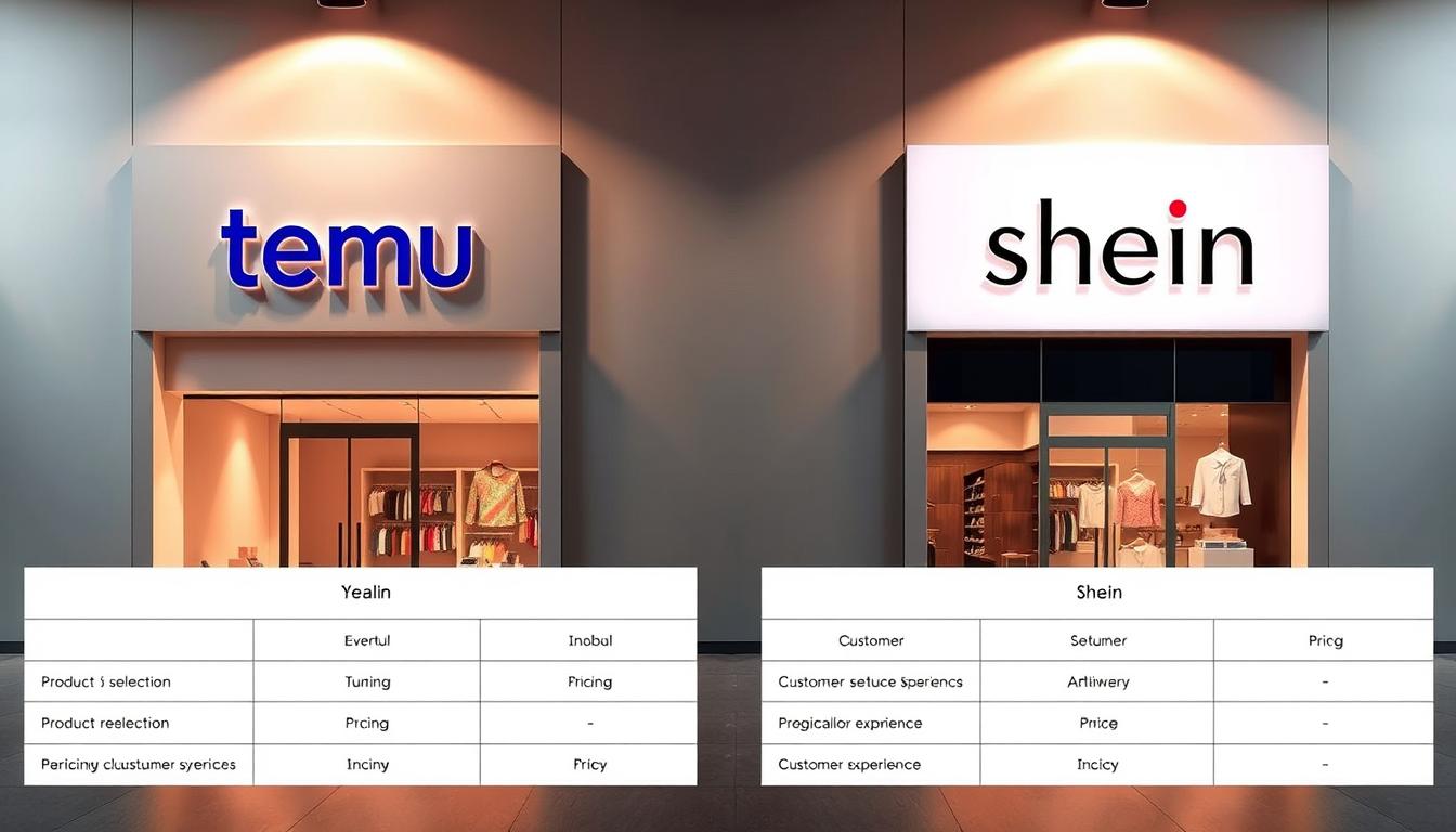 A sleek, modern design featuring two distinct storefront logos - one for Temu and one for Shein - side-by-side, illuminated by warm, directional lighting. In the foreground, a clean, minimalist comparison chart highlights the key differences between the two e-commerce companies, such as product selection, pricing, and customer experiences. The background is a subtle gradient, keeping the focus on the core visual elements. The overall mood is one of clarity and professionalism, inviting the viewer to explore the nuances between these two popular online shopping destinations.