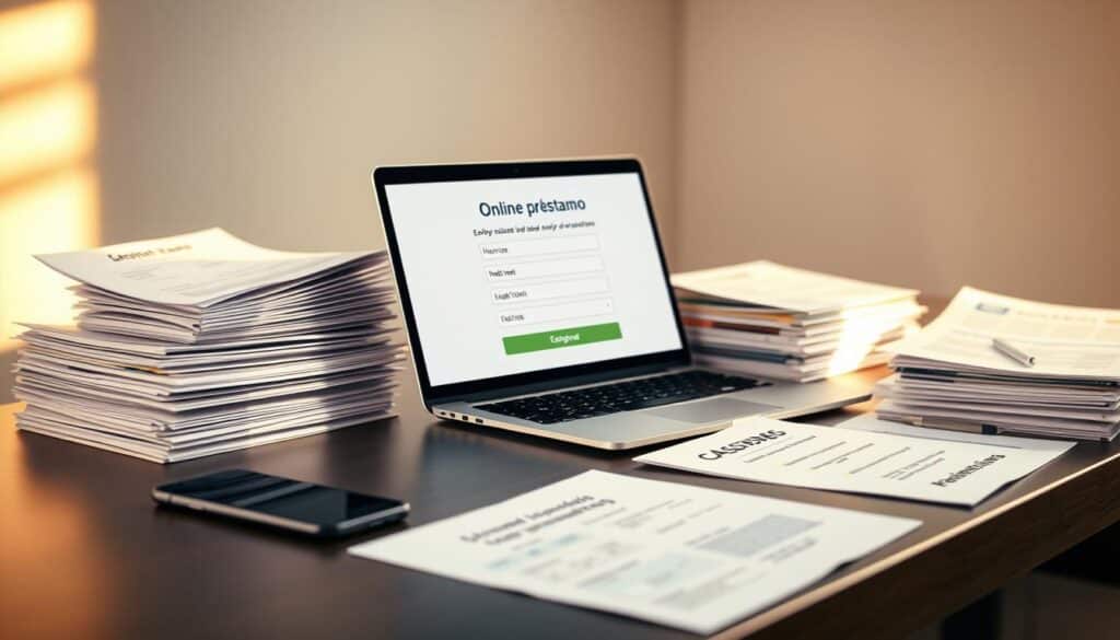 A sleek, modern desktop with a laptop, smartphone, and various paperwork documents scattered across it, bathed in warm, directional lighting that casts subtle shadows. In the foreground, a digital loan application form is prominently displayed on the laptop screen, reflecting the "online préstamo" theme. The middle ground features stacks of paper files, invoices, and financial statements, hinting at the documentation required. The background is slightly blurred, emphasizing the focus on the digital lending process. The overall mood is professional, efficient, and conveys a sense of reliable, streamlined loan application.