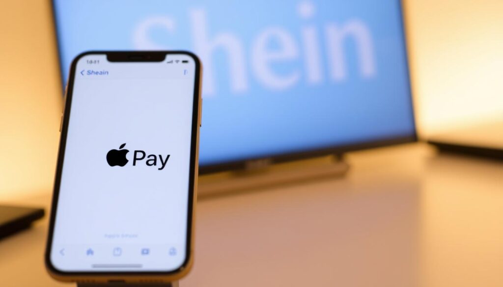 A sleek, modern digital wallet interface showcasing the secure connection between Apple Pay and the Shein mobile app. In the foreground, a minimalist smartphone screen displays the Apple Pay logo and a seamless integration with Shein's branded design. The middle ground features subtle details like transaction indicators, security icons, and a clean, uncluttered layout. The background is a soft, blurred gradient of Shein's signature colors, conveying a sense of trust, convenience, and technological sophistication. Warm, directional lighting highlights the key elements, creating depth and emphasizing the harmony between the two platforms.