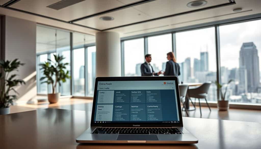 A sleek, modern financial office interior with abundant natural lighting and a minimalist aesthetic. In the foreground, a laptop displays various online credit options and applications, showcasing the efficiency and convenience of digital lending. In the middle ground, a team of financial advisors discuss lending strategies with clients, highlighting the personalized and secure nature of the online credit services. In the background, a large window offers a panoramic view of a bustling urban skyline, conveying a sense of prosperity and progress. The overall mood is professional, reliable, and technology-driven, reflecting the contemporary nature of online credit solutions.