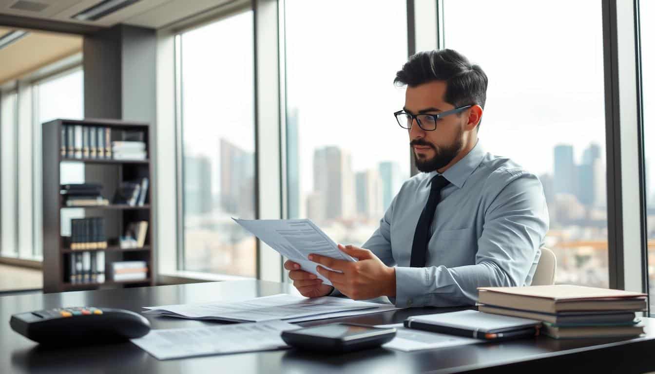 A sleek, modern office interior with large windows and natural light, showcasing a businessman reviewing financial documents on a laptop. In the foreground, a desk with a credit card reader and financial reports. In the middle ground, a bookshelf with business finance books. The background features a city skyline, hinting at the urban setting. The scene conveys a sense of professionalism, thoughtfulness, and the practical considerations of revenue-based and credit card financing options for a growing business.